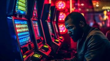 ai generiert heftig Konzentration beim das Casinos Slot Maschinen unter Neon- leuchtet foto