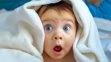 ai generiert Baby mit breit Blau Augen und ein öffnen Mund, eingewickelt im ein Weiß Decke, zeigen ein aussehen von Überraschung oder Wunder foto