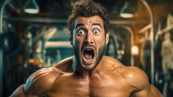 ai generiert ein erstaunt Bodybuilder mit ein schockiert Ausdruck im ein Fitnessstudio Rahmen foto