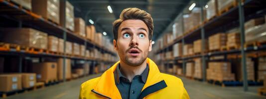 ai generiert Mann im ein Warenhaus tragen ein Gelb Sicherheit Weste, mit ein überrascht Ausdruck und breit Augen, umgeben durch Reihen von Regale mit Kisten foto