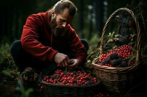 ai generiert hart arbeitend Mann hocken Korb zum Beeren. generieren ai foto