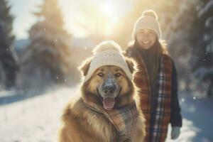 ai generiert Frau mit Hund tragen warm Hüte im schneebedeckt Winter Landschaft. generieren ai foto