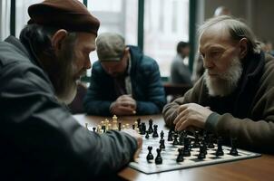 ai generiert Männer Teilnehmer spielen Schach Spiel auf Turnier. generieren ai foto
