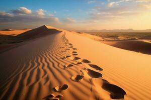 ai generiert Fußabdrücke sagen Erzählungen Naturen Abdrücke auf ein still Sand Düne foto