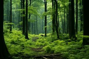 ai generiert majestätisch Bäume, klein Gebüsch, und Farne im ein üppig Grün Wald foto