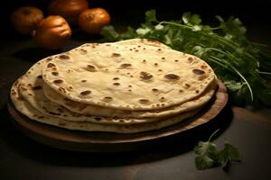 ai generiert Chapati, das Phooli Luft gefüllt Roti, repräsentiert indisch traditionell Küche foto