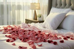 ai generiert Hotel Romantik Bett geschmückt mit Rose Blütenblätter Erstellen ein romantisch Rahmen ai generiert foto