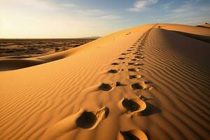 ai generiert Kunst im Natur Fußabdrücke geätzt auf ein heiter Sand Düne foto