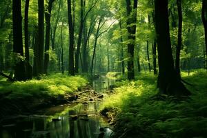 ai generiert vielfältig Flora im ein üppig Grün Wald mit hoch majestätisch Bäume foto