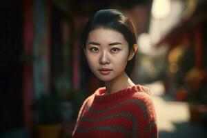 ai generiert Chinesisch Mädchen tragen gestreift Pullover. generieren ai foto