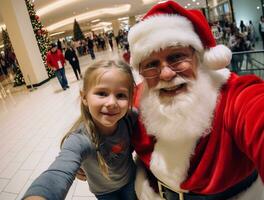 ai generiert glücklich Kind Treffen Santa claus auf Weihnachten foto