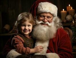 ai generiert glücklich Kind Treffen Santa claus auf Weihnachten foto