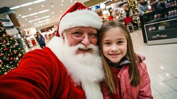 ai generiert glücklich Kind Treffen Santa claus auf Weihnachten foto