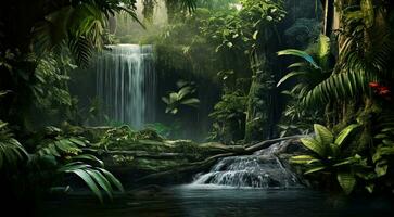 ai generiert Wasserfall im Wald, Wasserfall im das Dschungel, tropisch Landschaft im das Dschungel, Pflanzen und Grün Bäume im das Dschungel, Wasserfall mit See im das Wald foto