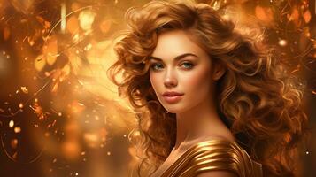 ai generiert Banner glamourös Dame mit voluminös lockig Haar und golden Kleid, abstrakt glänzend Hintergrund foto