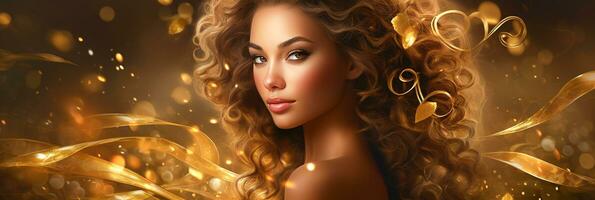 ai generiert Banner elegant Frau mit golden Locken und schimmernd Licht, Ideal zum Schönheit und Luxus Themen foto