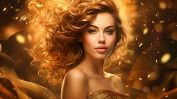 ai generiert Banner atemberaubend Porträt von ein Dame mit fließend golden Schlösser und glitzert foto