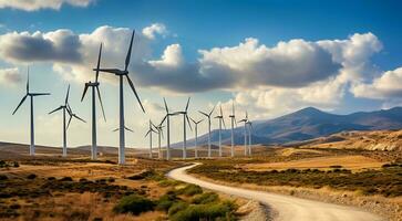 ai generiert Wind Turbine im das Wind, Wind Turbine im das Feld, Nahansicht von Wind Generator, Wind Turbine gegen Blau Himmel foto