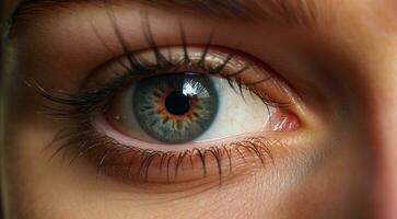 ai generiert schließen oben von ein weiblich Auge, Schüler von Auge, Nahansicht von Grün farbig Auge, farbig Auge, schön farbig Auge schließen oben foto
