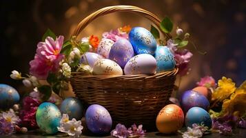 ai generiert elegant Ostern Eier im Korb mit Frühling Blumen, perfekt zum festlich Urlaub Hintergründe und saisonal Grüße. foto