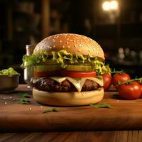 ai generiert Zuhause gemacht Hamburger mit Grüner Salat und Käse foto