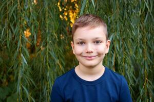 Porträt von ein 9 Jahr alt blond Junge im ein Herbst Park. gut aussehend kaukasisch Junge mit groß Augen sieht aus in das Kamera. foto