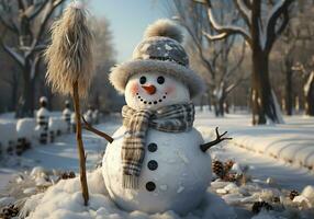 ai generiert komisch Schneemann auf schneebedeckt Straße foto