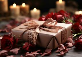 ai generiert romantisch Bild von ein Geschenk und getrocknet Rosen zum Einladung Karte oder andere Verwendet. Valentinstag Tag foto