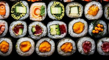 ai generiert Nahansicht von Sushi Rollen auf das Tisch, Sushi Rollen Satz, Sushi Hintergrund, einstellen von Sushi Rollen, Meeresfrüchte Satz, entworfen Shushi Rollen foto