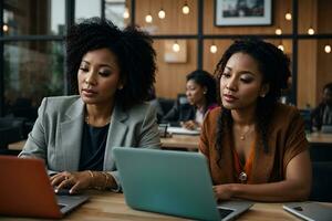 ai generiert beiläufig multiethnisch Geschäft Frauen Arbeiten mit Laptops während reden von Sie Neu Projekte zusammen im Coworking Platz foto