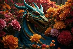 ai generiert Skulptur von ein Drachen umgeben durch Blumen foto