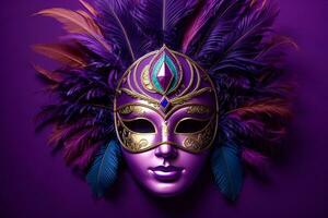 ai generiert ein Karneval Maske mit Gefieder auf ein lila Hintergrund foto