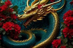 ai generiert ein golden Drachen mit rot Blumen auf ein Blau Hintergrund foto