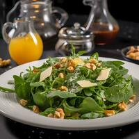 ai generiert Salat mit Spinat Käse und Nussbaum auf Weiß Teller gesund Essen Konzept foto