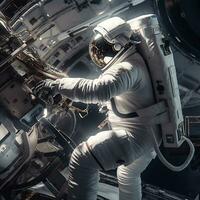 ai generiert ein Mann im ein Astronaut passen im äußere Raum ist reparieren ein Raumfahrzeug foto
