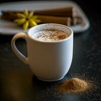 aromatisch Kaffee mit ausgepeitscht Milch Schaum bestreut mit Boden Zimt. Nahansicht foto