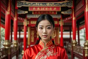 ai generiert asiatisch jung weiblich Modell- Mode rot Chinesisch Kleid im das China Schrein foto