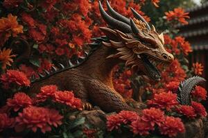 ai generiert ein Statue von ein Drachen umgeben durch Blumen foto