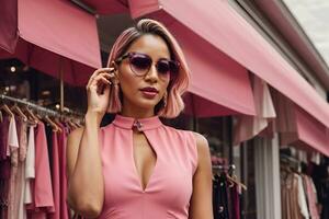 ai generiert ein stilvoll Frau im ein Rosa Kleid und Sonnenbrille steht im Vorderseite von ein hochwertig Boutique, ihr Telefon gedrückt zu ihr Ohr wie sie Chats aufgeregt Über ihr neueste Einkaufen findet foto