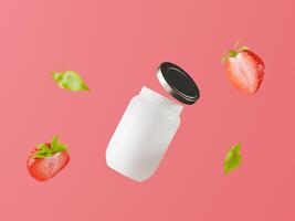 eine Flasche, die verwendet wird, um Erdbeersaft mit Erdbeeren zu enthalten. foto