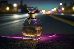 ai generiert Parfüm Flasche gegen das Hintergrund von Nacht Stadt Beleuchtung. neural Netzwerk generiert Kunst foto