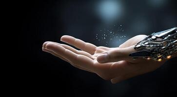 ai generiert Nahansicht von ai Roboter Hand, ai Roboter Hand auf Technologie Hintergrund, bionisch Roboter Hand schließen hoch, Hälfte Mensch Hälfte Roboter Hand foto