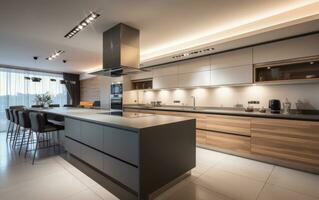 ai generiert ein sauber und minimalistisch modern Küche Innere Design foto