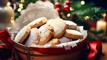 Weihnachten Kekse, Urlaub Keks Rezept und Zuhause Backen, Süss Dessert zum gemütlich Winter Englisch Land Tee im das Hütte, hausgemacht Essen und Kochen foto