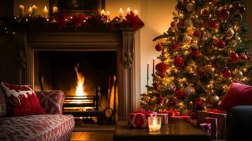 ai generiert Weihnachten, Urlaub Dekor und Land Hütte Stil, gemütlich Atmosphäre, dekoriert Weihnachten Baum im das Englisch Landschaft Haus Leben Zimmer mit Kamin, Innere Dekoration foto