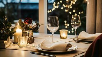 ai generiert festlich Datum Nacht Tischlandschaft Idee, Abendessen Tabelle Rahmen zum zwei und Weihnachten, Neu Jahr, Valentinsgrüße Tag Dekor, Englisch Land Zuhause Styling foto