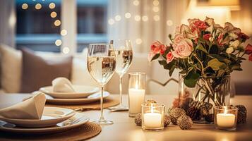 festlich Datum Nacht Tischlandschaft Idee, Abendessen Tabelle Rahmen zum zwei und Weihnachten, Neu Jahr, Valentinsgrüße Tag Dekor, Englisch Land Zuhause Styling foto