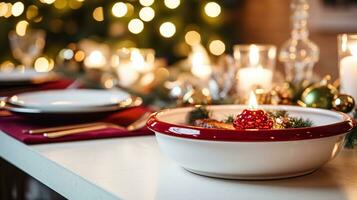 ai generiert Geschirr und Geschirr einstellen zum Winter Urlaub Familie Abendessen, Weihnachten Haushaltswaren Dekor zum Ferien im das Englisch Land Haus, Geschenk einstellen und Zuhause Styling foto