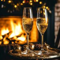 ai generiert Champagner im Vorderseite von ein Kamin auf ein Urlaub Vorabend Feier, fröhlich Weihnachten, glücklich Neu Jahr und glücklich Ferien wünscht sich, generativ ai foto