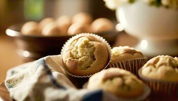 ai generiert hausgemacht Kuchen, Muffins serviert zum Tee. generativ ai foto